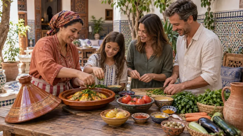Family preparing Moroccan tagine with a local host during a private Marrakech cooking class