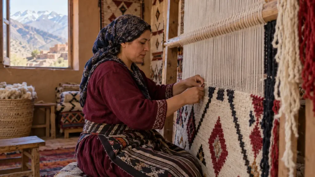 Amazigh woman weaving a traditional Moroccan carpet in the Atlas Mountains