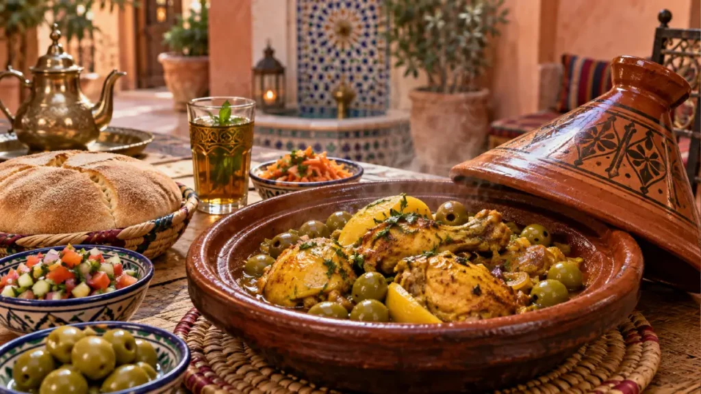 Traditional Moroccan chicken tagine with preserved lemon and green olives. Morocco traditional dish.