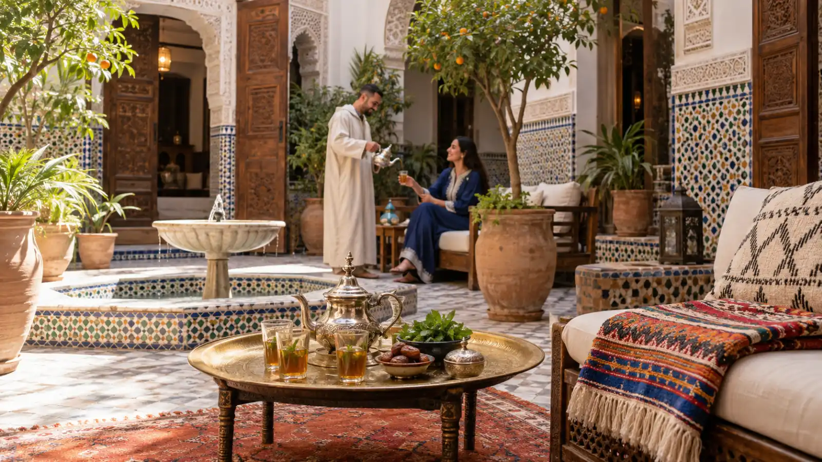 Moroccan couple sharing mint tea in a traditional riad courtyard