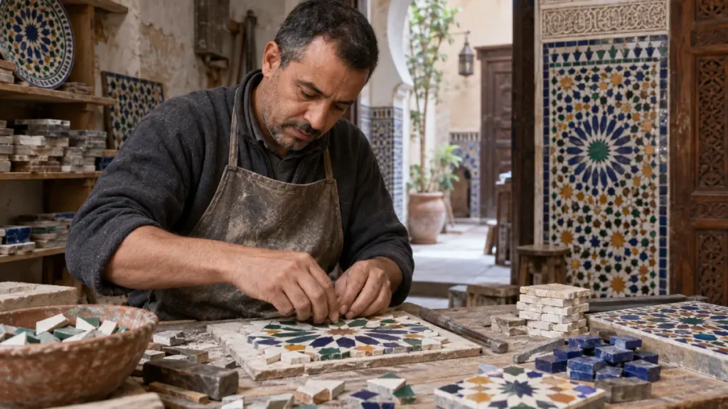 Moroccan artisan assembling hand-cut zellige tiles in a medina workshop. Moroccan Culture and Traditions.