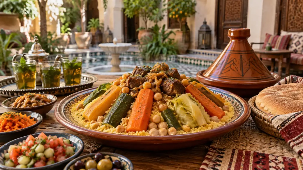 Traditional Moroccan couscous with seven vegetables, meat, chickpeas, bread, tagine, and mint tea