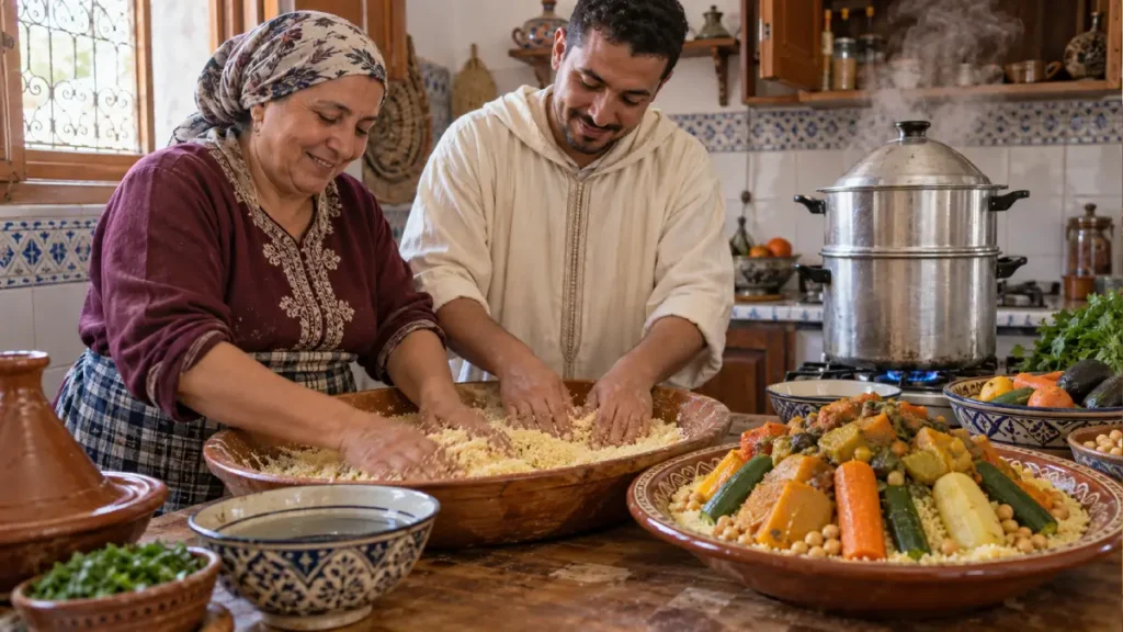 Moroccan family preparing traditional couscous by hand beside a steaming couscoussier. Morocco national dish