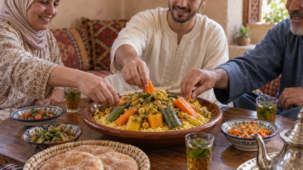 Moroccan family sharing traditional vegetable couscous and mint tea