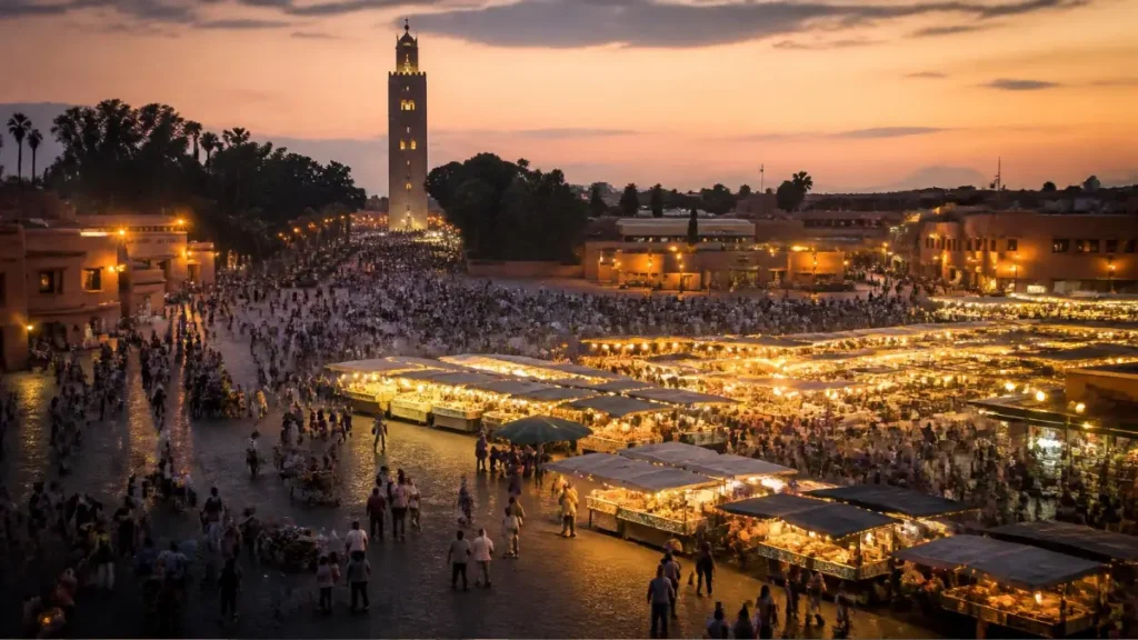 Evening view of Jemaa el‑Fna square in Marrakech after arriving from the airport