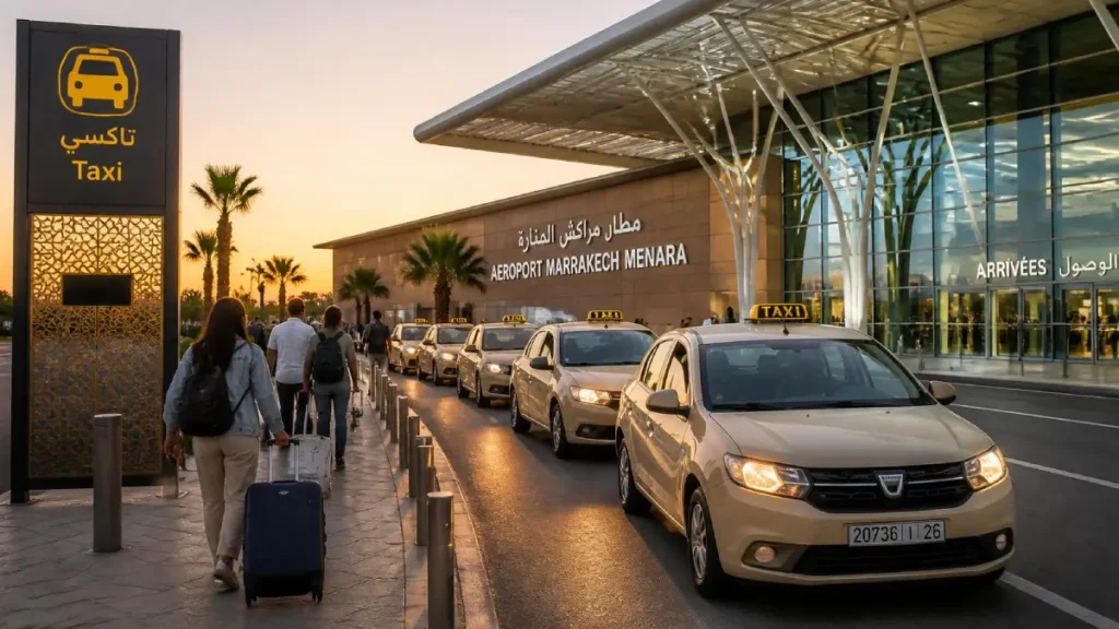 Official taxi rank at Marrakech Menara Airport in 2026