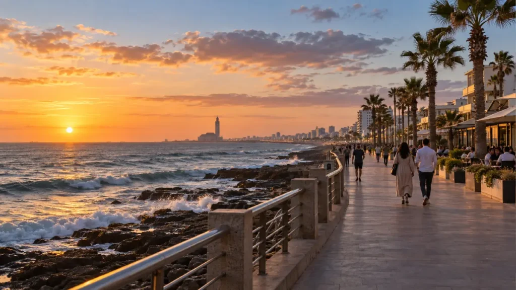 Visitors walking along Casablanca’s Ain Diab Corniche beside the Atlantic Ocean at sunset