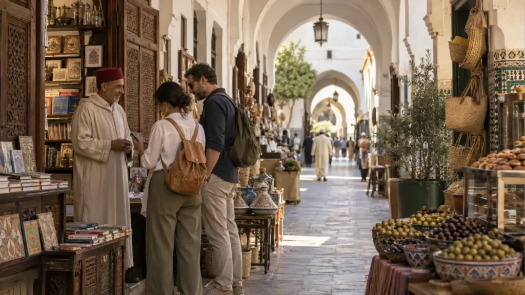 Travelers browsing traditional shops beneath the arches of Casablanca’s Habous Quarter