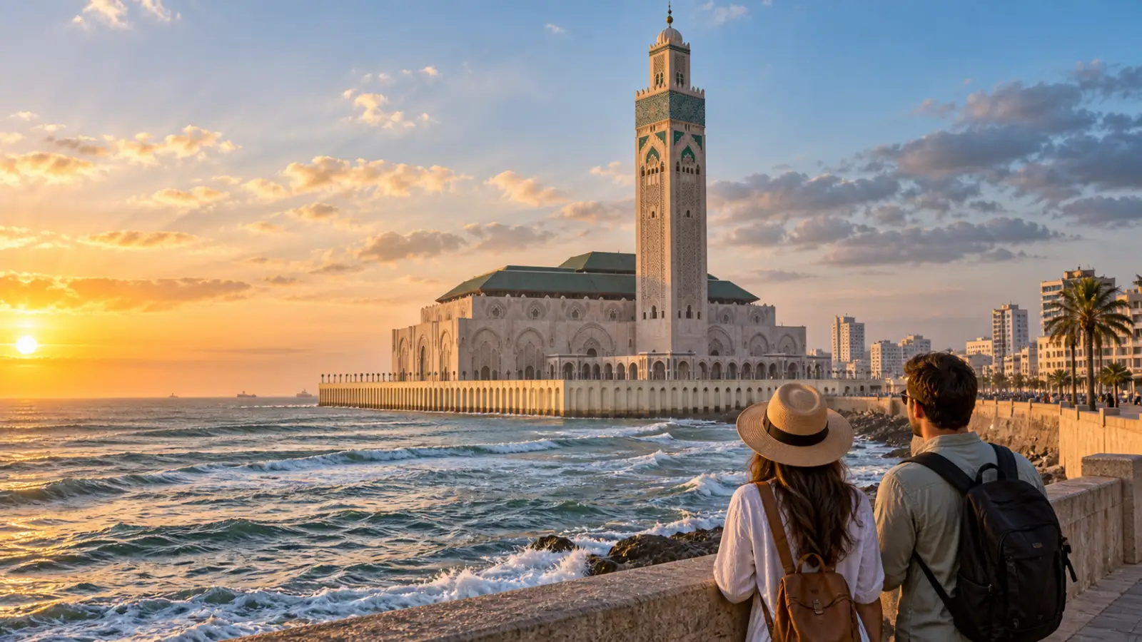 Travelers overlooking Hassan II Mosque and the Atlantic Ocean in Casablanca