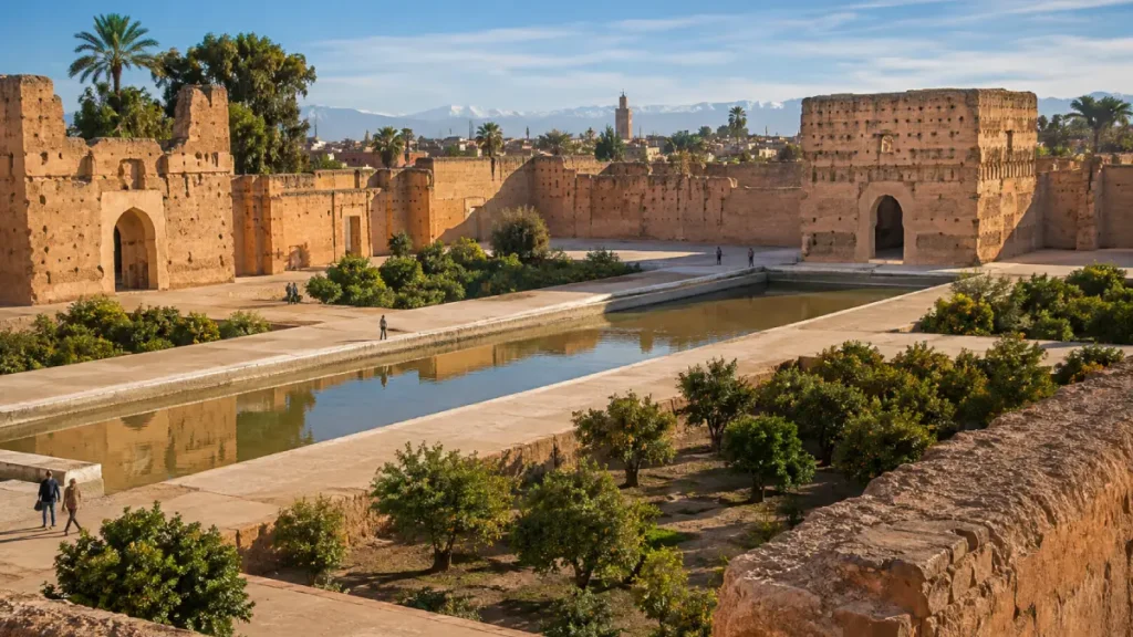 El Badi Palace ruins and sunken gardens in Marrakech Medina. History of Marrakech Medina.