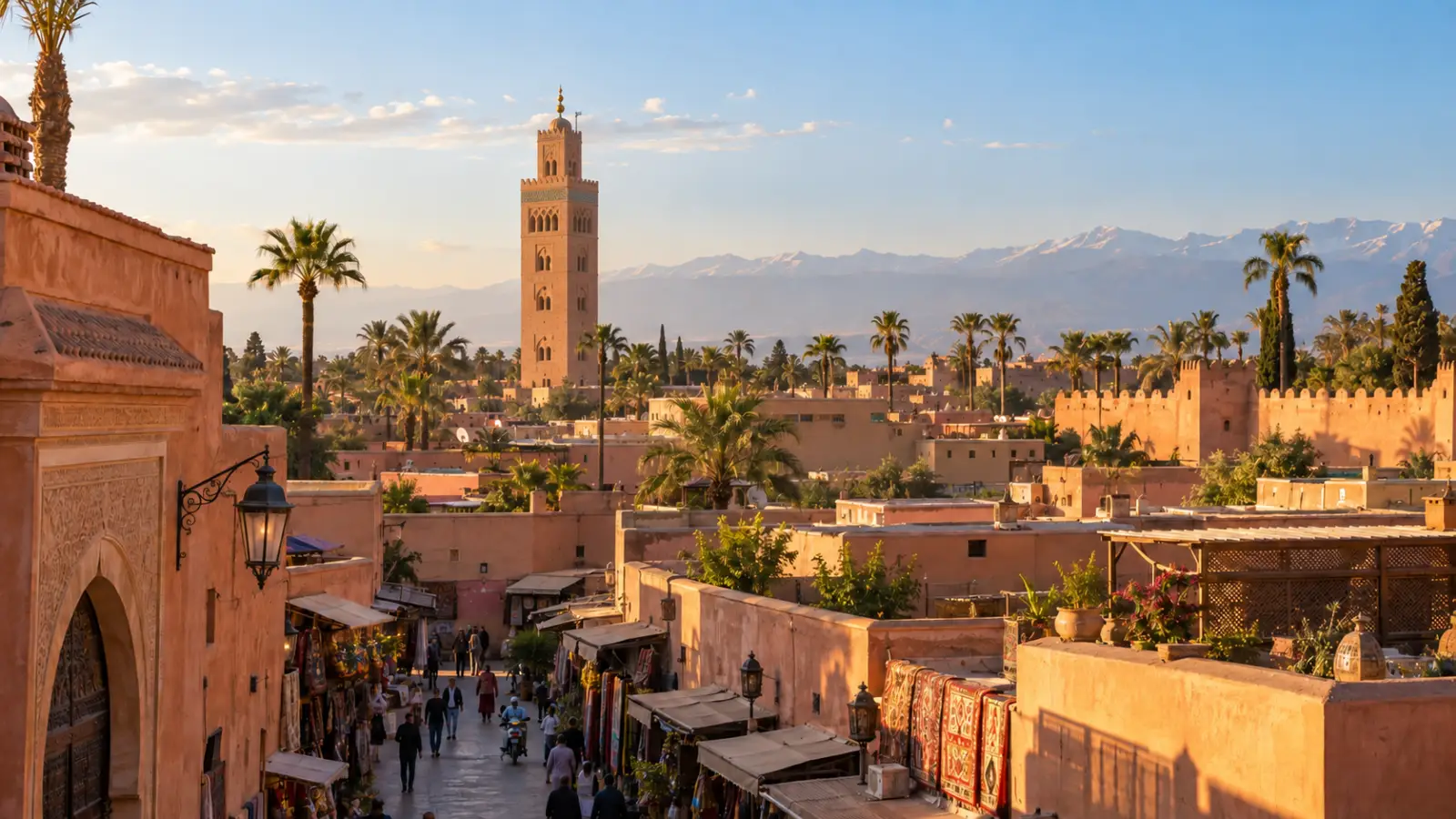Historic Marrakech Medina rooftops and souks beneath the Koutoubia minaret