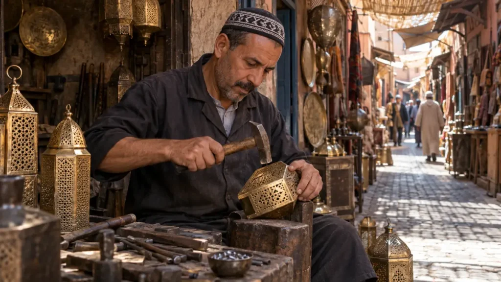 Moroccan artisan making a brass lantern in the Marrakech Medina souks