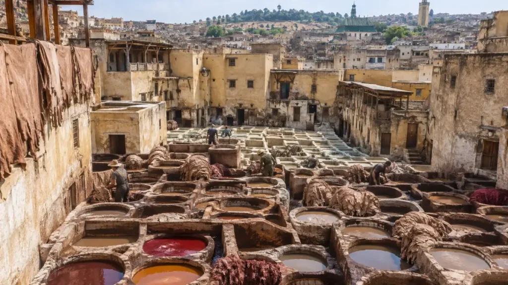 Artisans working among traditional dye vats at Chouara Tanneries in Fez