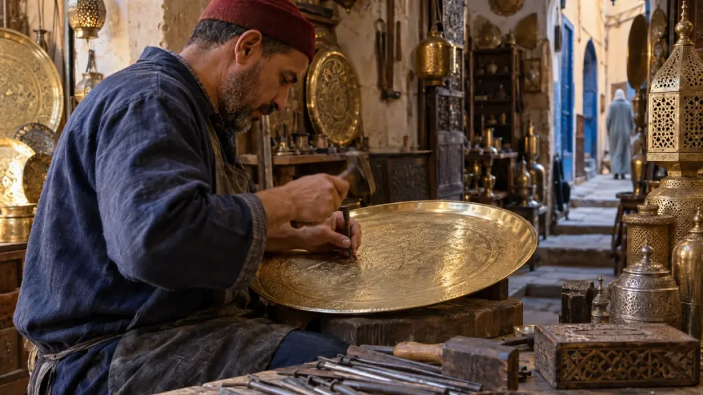 Moroccan artisan engraving a brass tray in a traditional Fez medina workshop
