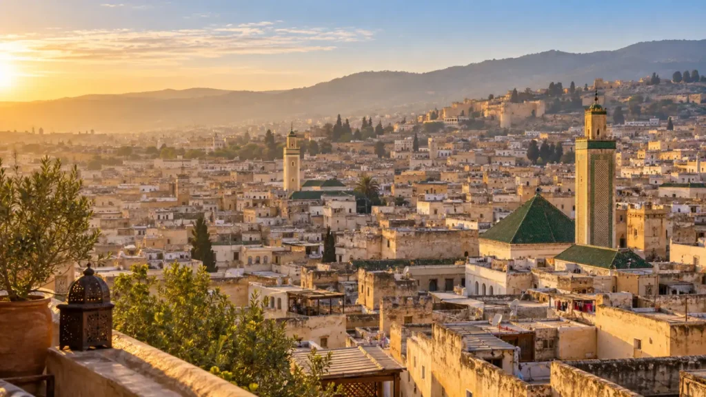 Panoramic view of the Fez Morocco medina and its green-tiled minarets at sunrise