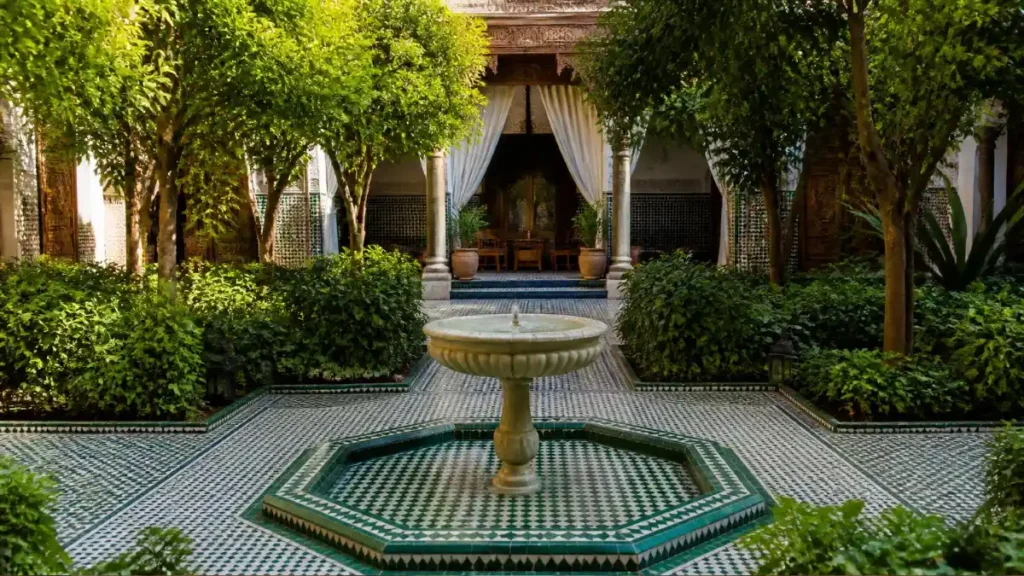 The lush Islamic paradise garden of Le Jardin Secret, a hidden gem in Marrakech Medina.