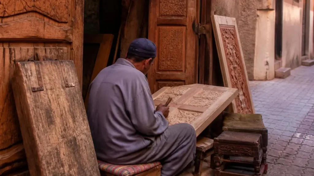 A local artisan woodcarver working on Rue des Banques, off the beaten path in Marrakech.