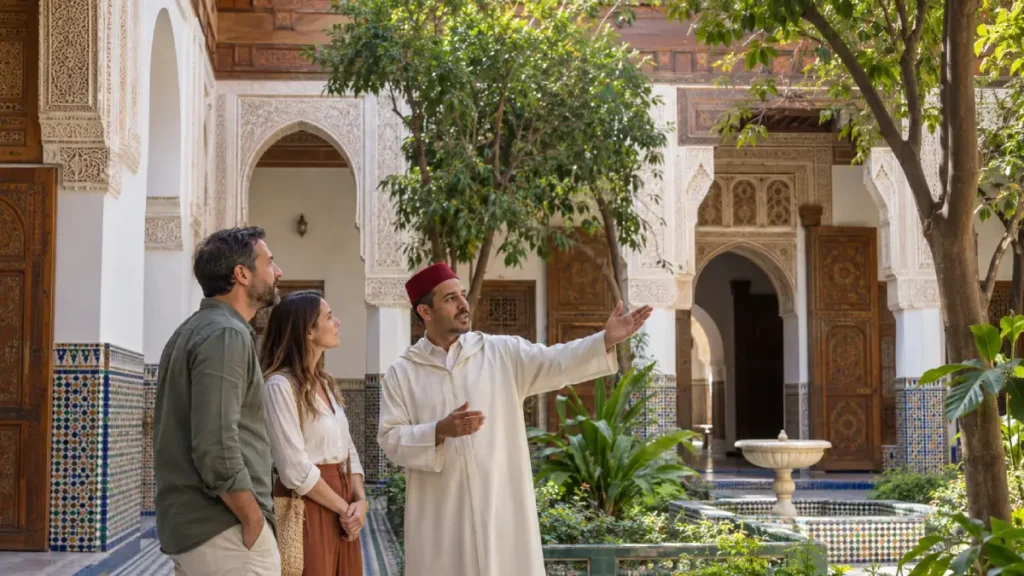 Private Marrakech guide explaining Bahia Palace to two travelers