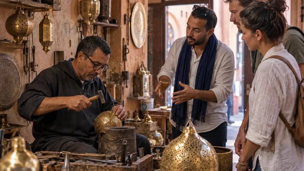 Marrakech guide introducing travelers to a metal artisan in the souks