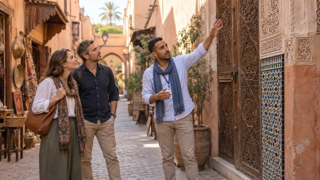 Private Marrakech city tour guide explaining medina architecture to travelers