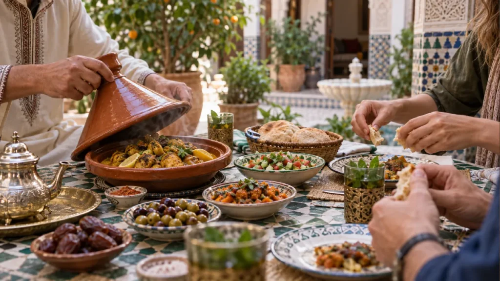 Moroccan food experience with tagine, salads, bread, olives, dates, spices, and mint tea in a traditional riad