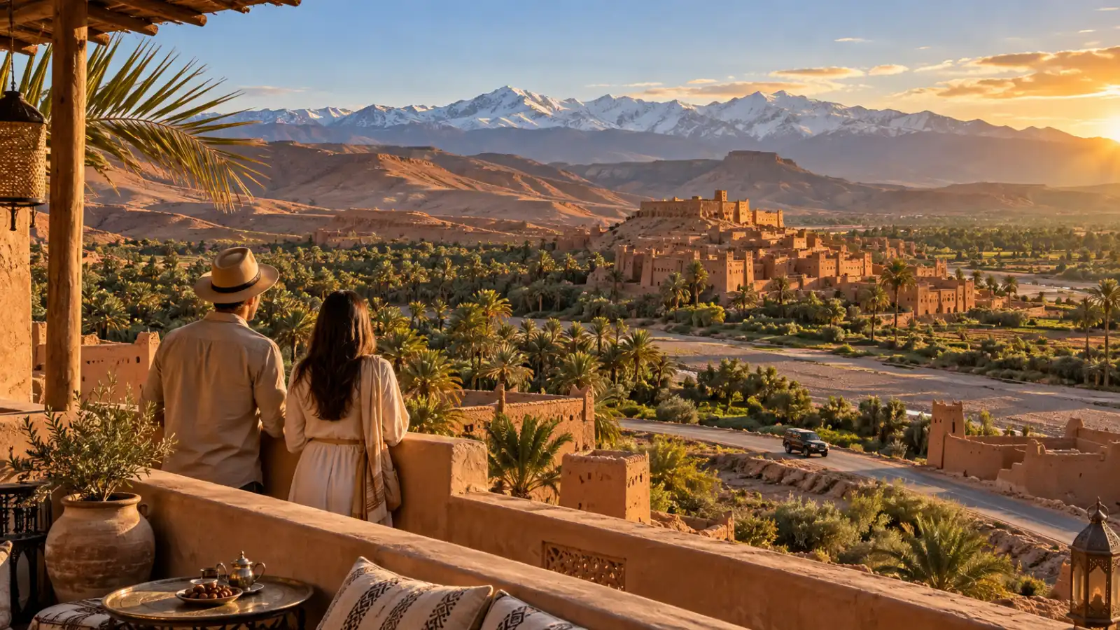 Travelers overlooking a Moroccan kasbah, palm oasis, private 4x4 route, and the High Atlas Mountains at sunset