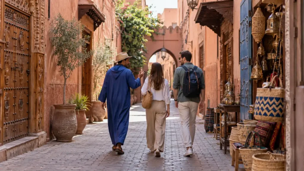 Private guided Marrakech medina tour with two travelers, a local guide, artisan shops, and traditional ochre architecture