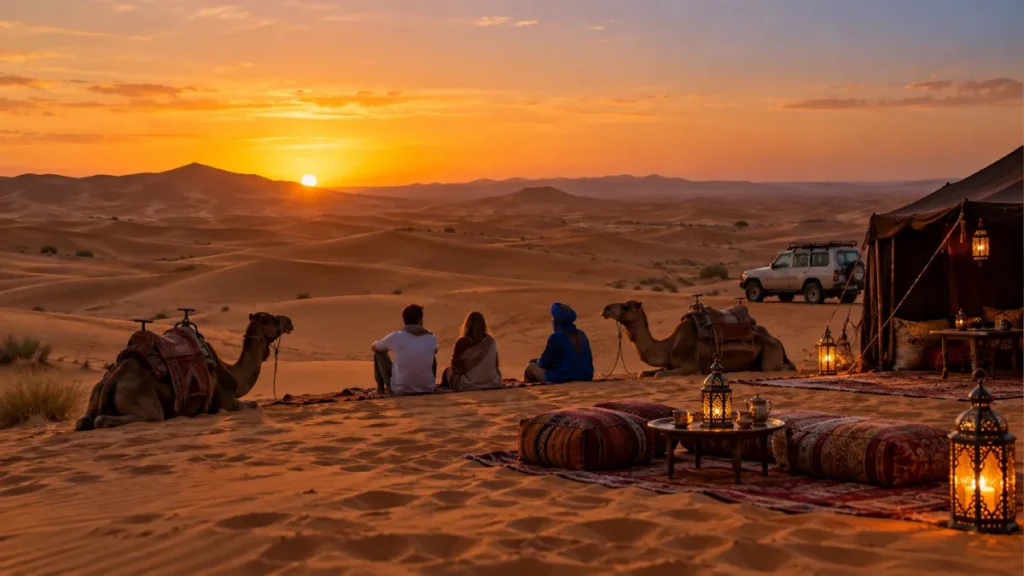 Sahara Desert experience in Morocco with travelers, local guide, camels, private 4x4, and desert camp at sunset