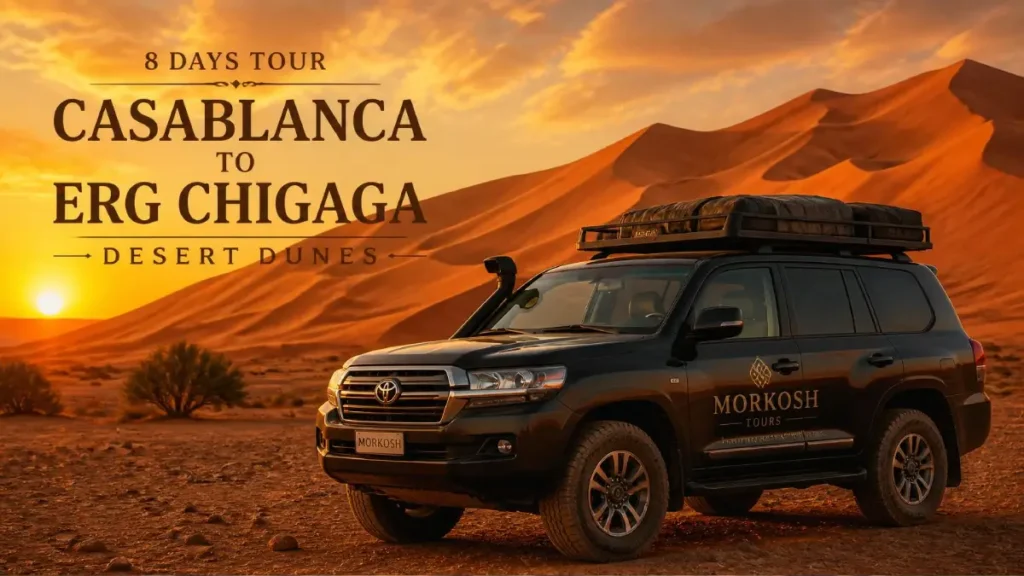 Morkosh Tours private 4x4 at the orange dunes of Erg Chigaga during an 8 days tour from Casablanca.