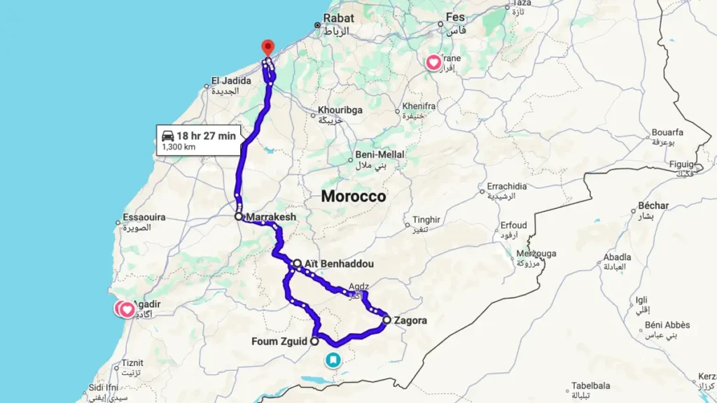Map of 8 days tour from Casablanca to Erg Chigaga