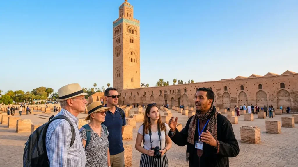 Local guide leading a free walking tour Marrakech near the Koutoubia Mosque.