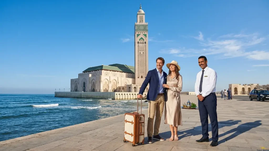 Couple starting an 8 days tour from Casablanca at Hassan II Mosque