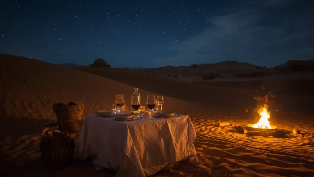 Gourmet dinner under the stars on a luxury Morocco desert tour