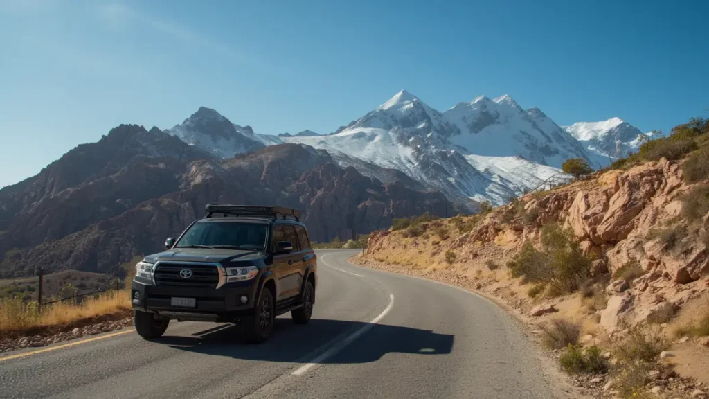 Private tour vehicle crossing the High Atlas Mountains towards Marrakech