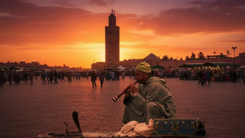 Jemaa el-Fnaa square in Marrakech at sunset on a private Morocco tour