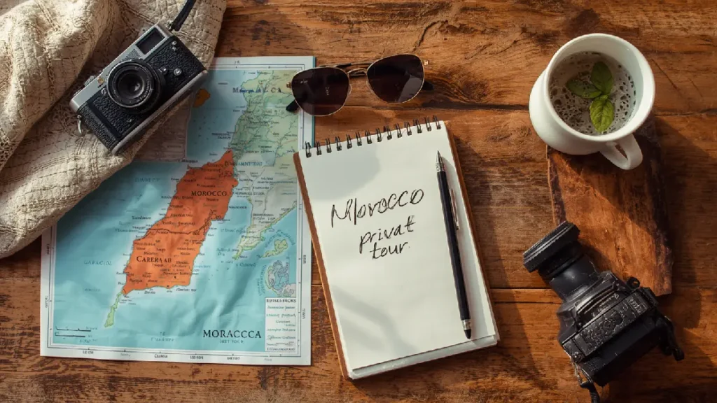 Planning a Morocco private tour with maps, notebook, and mint tea
