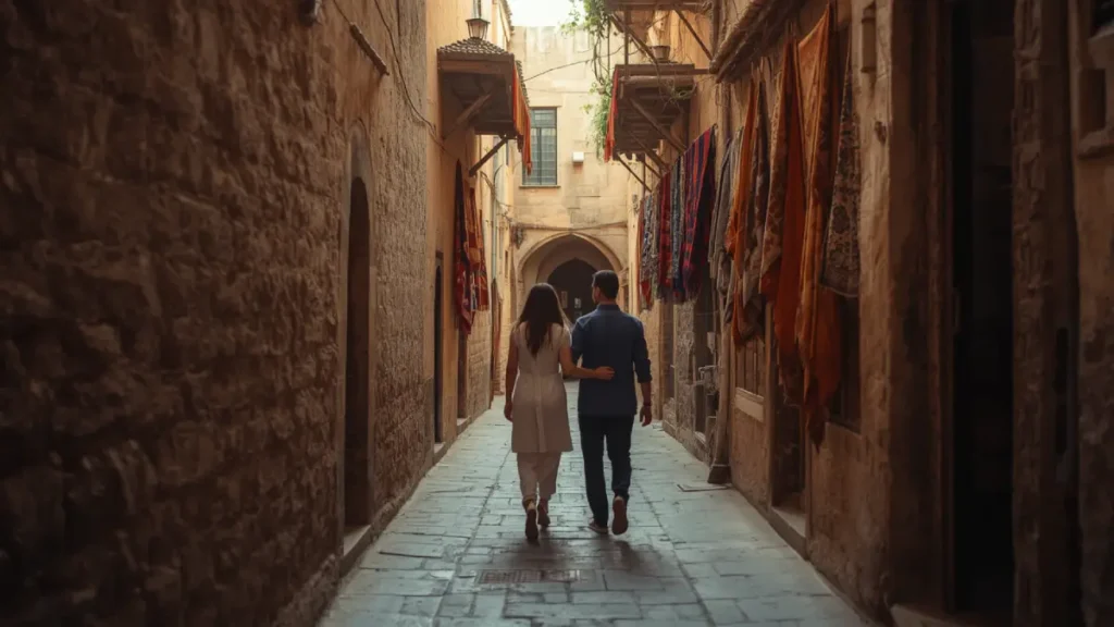 Couple exploring the Fes medina on a private Morocco tour