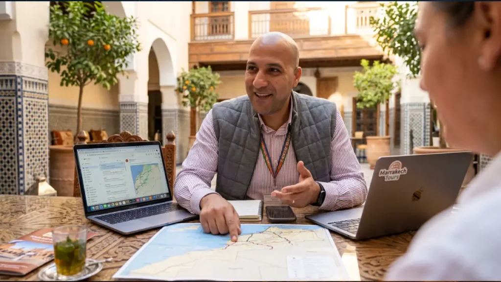 Youness local Moroccan guide planning a luxury desert tour route from Casablanca