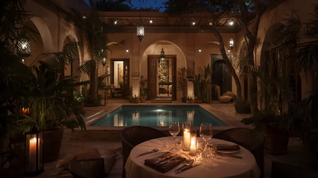 Boutique riad courtyard with candlelit dinner on a luxury Morocco desert tour