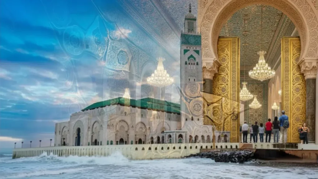Travelers at the Hassan II Mosque starting a luxury Morocco desert tour from Casablanca