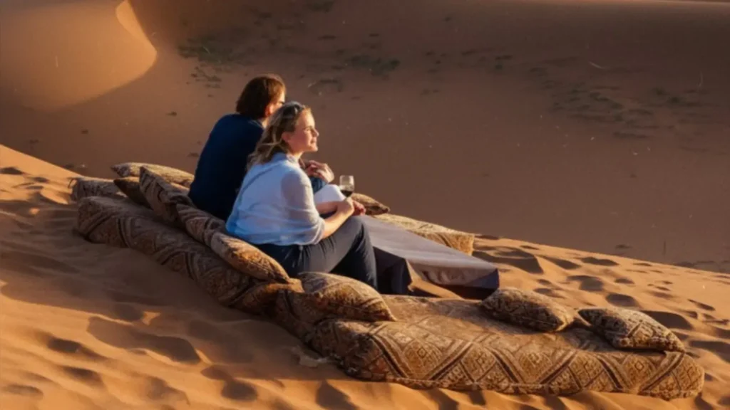 Couple overlooking a luxury desert camp on a Morocco desert tour from Casablanca