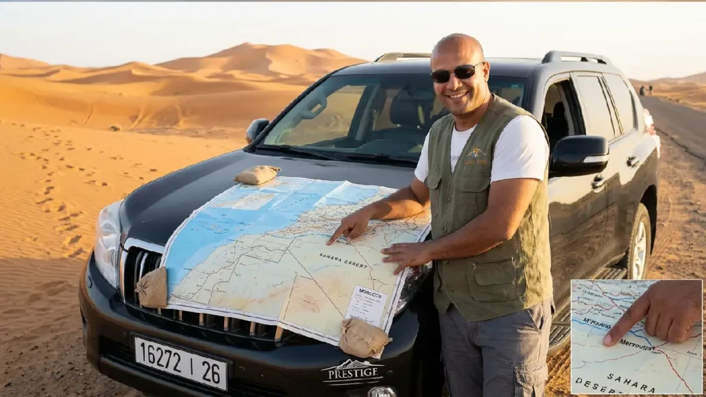 Youness local Moroccan guide planning the Morocco Wild Desert Tour route with a map