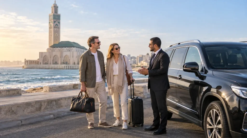Travelers meeting their private driver beside a vehicle near Hassan II Mosque in Casablanca