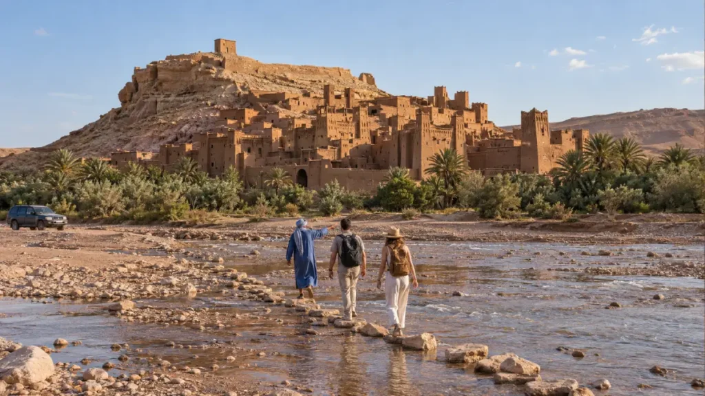 Private guide and travelers crossing the riverbed toward the historic Ait Ben Haddou ksar