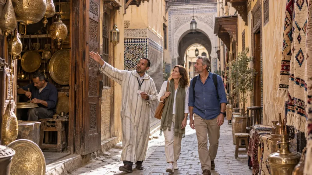 Private guide showing travelers traditional architecture and artisan workshops in the Fes medina