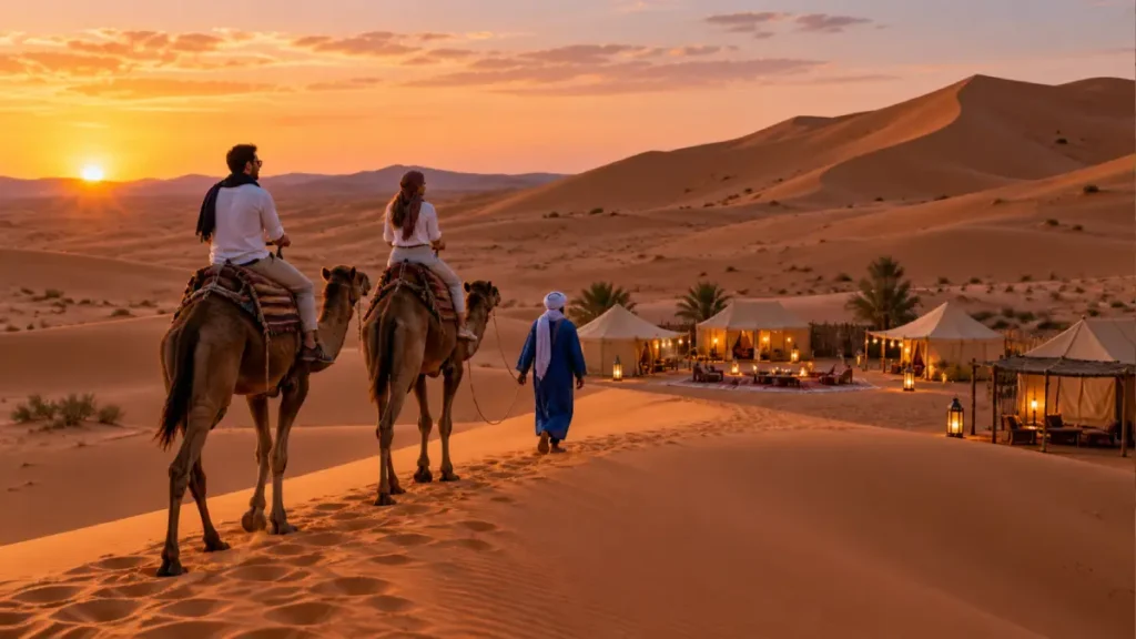 Travelers arriving by camel at a private Merzouga desert camp in the Erg Chebbi dunes