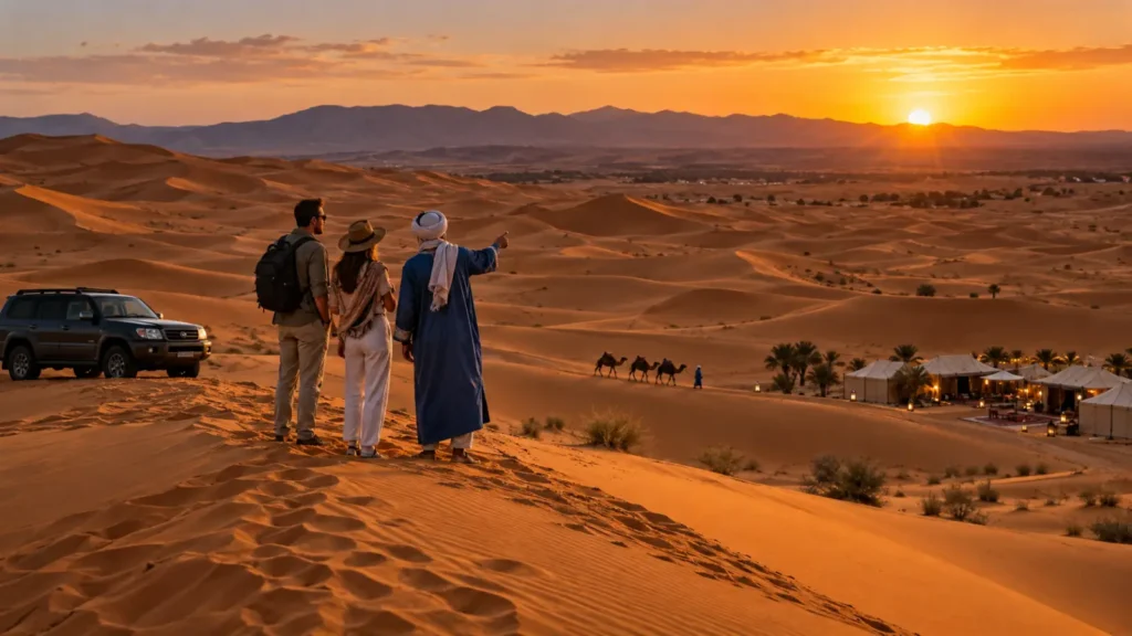Private 9 days tour from Casablanca travelers overlooking the Erg Chebbi dunes with a Moroccan guide