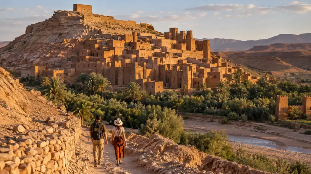 Travelers approaching Ait Ben Haddou on the return journey to Marrakech. 4 Days Tour from Marrakech to Merzouga.