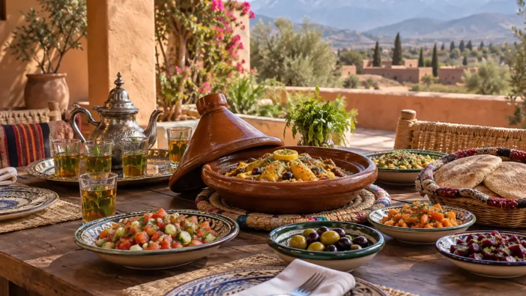 Moroccan Berber lunch with tagine, salads, bread, olives, and mint tea on a terrace near Marrakech