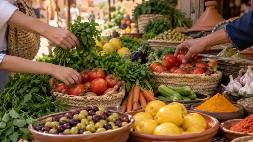 Fresh market ingredients for a Berber cooking class in Marrakech, including vegetables, herbs, olives, preserved lemons, and Moroccan spices